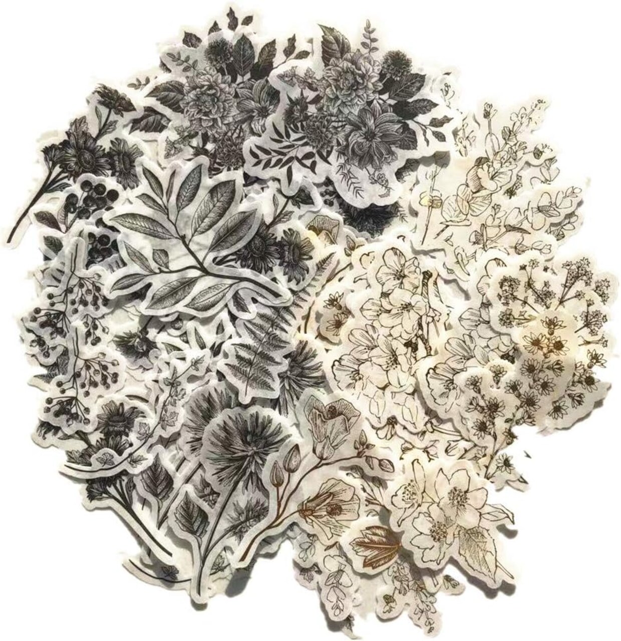 120 Pcs Vintage Zen Botany Flower Scrapbook Washi Sticker Pack (Gray/Golden) 7.5 x 3.7 x 0.1 inches